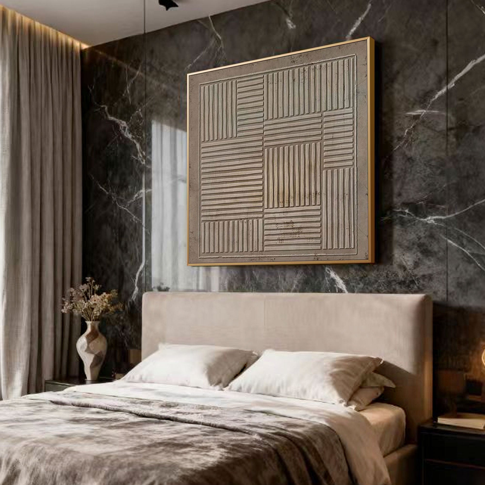 Lumi Gallery's Wabi Sabi geometric canvas art with textured patterns above bed