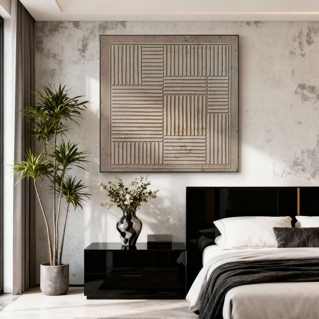 Lumi Gallery's Wabi Sabi Geometric Japandi Silent Pattern canvas art with textured lines mounted above bed in bedroom