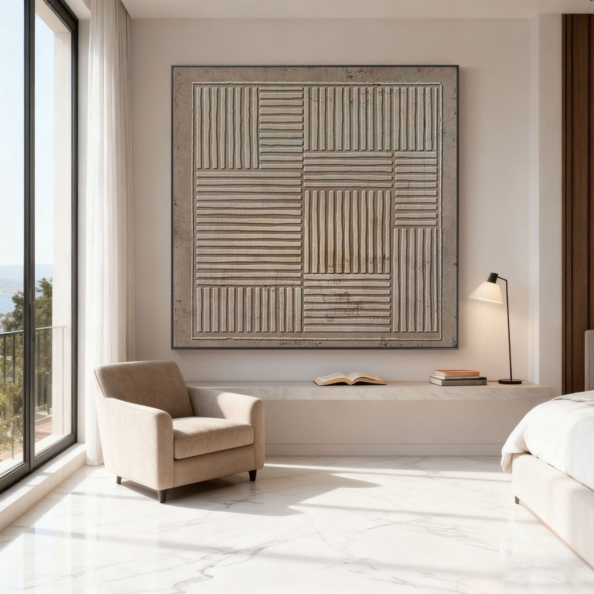 Wabi Sabi Geometric Japandi canvas art with textured neutral-toned patterns displayed in a modern bedroom with marble floors and large windows.