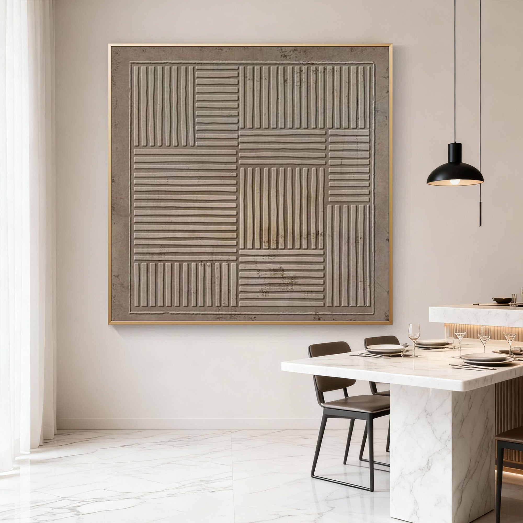 Hand-painted Wabi Sabi geometric Japandi canvas art, neutral tones, framed, dining room