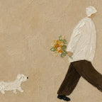 Minimalist beige canvas wall art featuring a textured painting of a person walking with a small white dog and holding yellow flowers, hand-painted abstract style for modern living rooms.