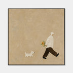 Lumi Gallery minimalist beige dog walk wall art with person carrying flowers and white dog