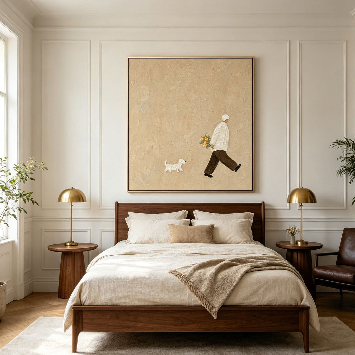 Lumi Gallery minimalist beige canvas wall art with man walking dog in bedroom