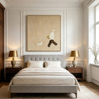 Minimalist Beige Dog Walk Wall Art - Quiet Companions hand-painted canvas featuring a figure walking a small white dog on a textured beige background, displayed above a tufted grey bed in a serene bedroom setting.