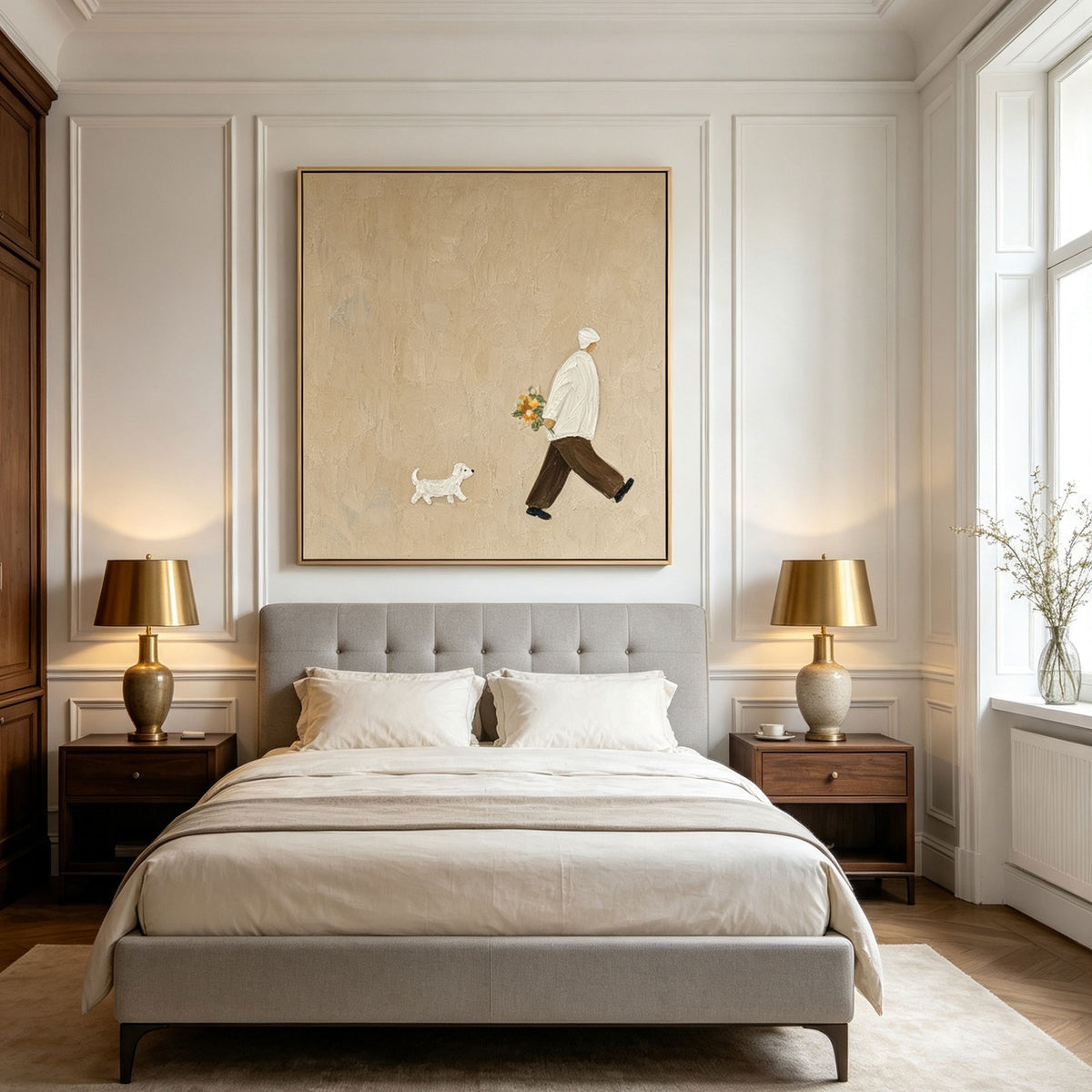 Minimalist Beige Dog Walk Wall Art - Quiet Companions hand-painted canvas featuring a figure walking a small white dog on a textured beige background, displayed above a tufted grey bed in a serene bedroom setting.