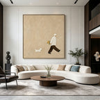 Minimalist beige canvas wall art showing man walking dog in modern living room