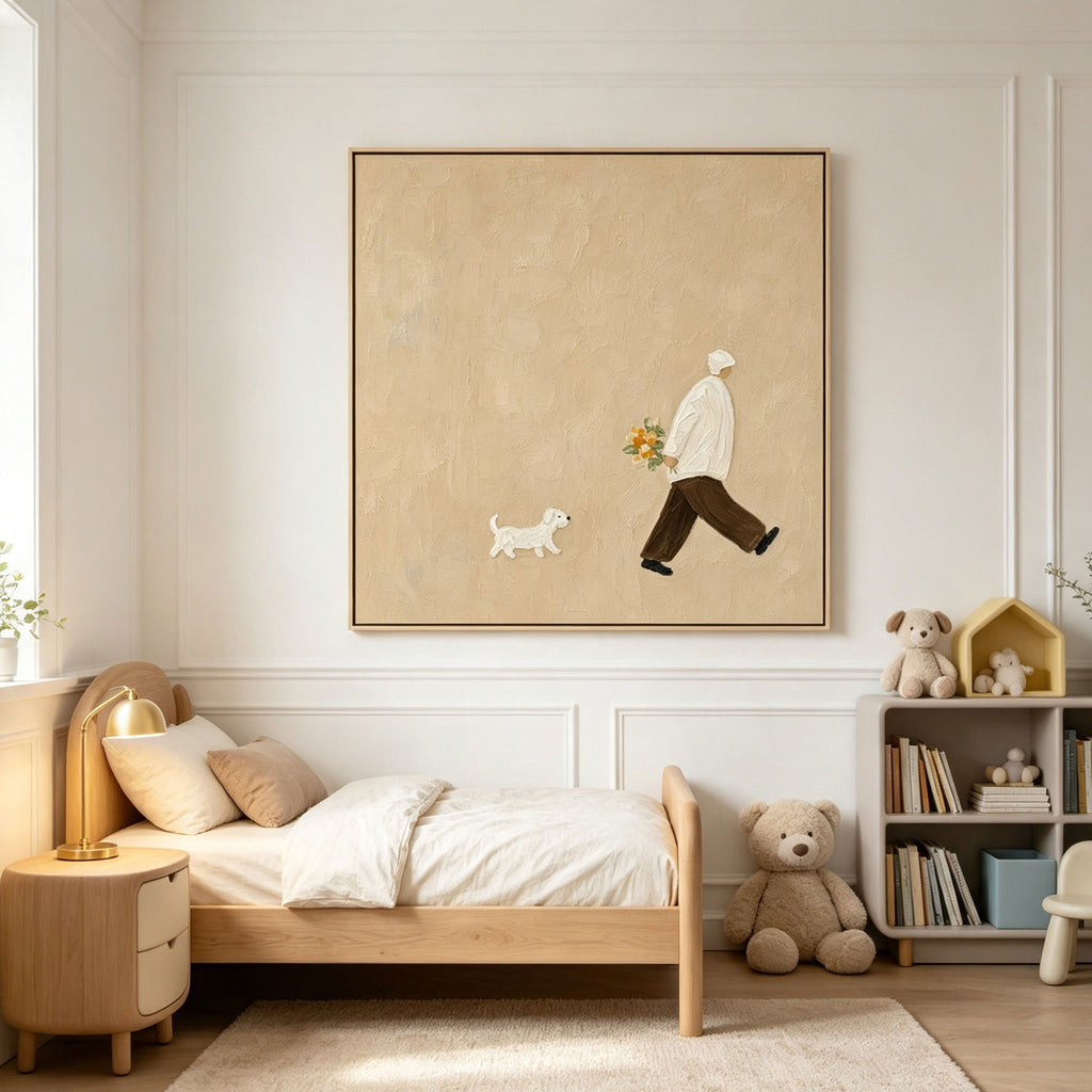 Minimalist beige dog walk wall art by Lumi Gallery, hand-painted canvas in child's bedroom