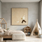 Minimalist beige canvas wall art showing man walking dog in modern bedroom