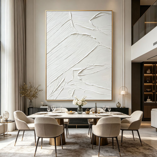 Lumi Gallery's white textured abstract canvas art in modern dining room