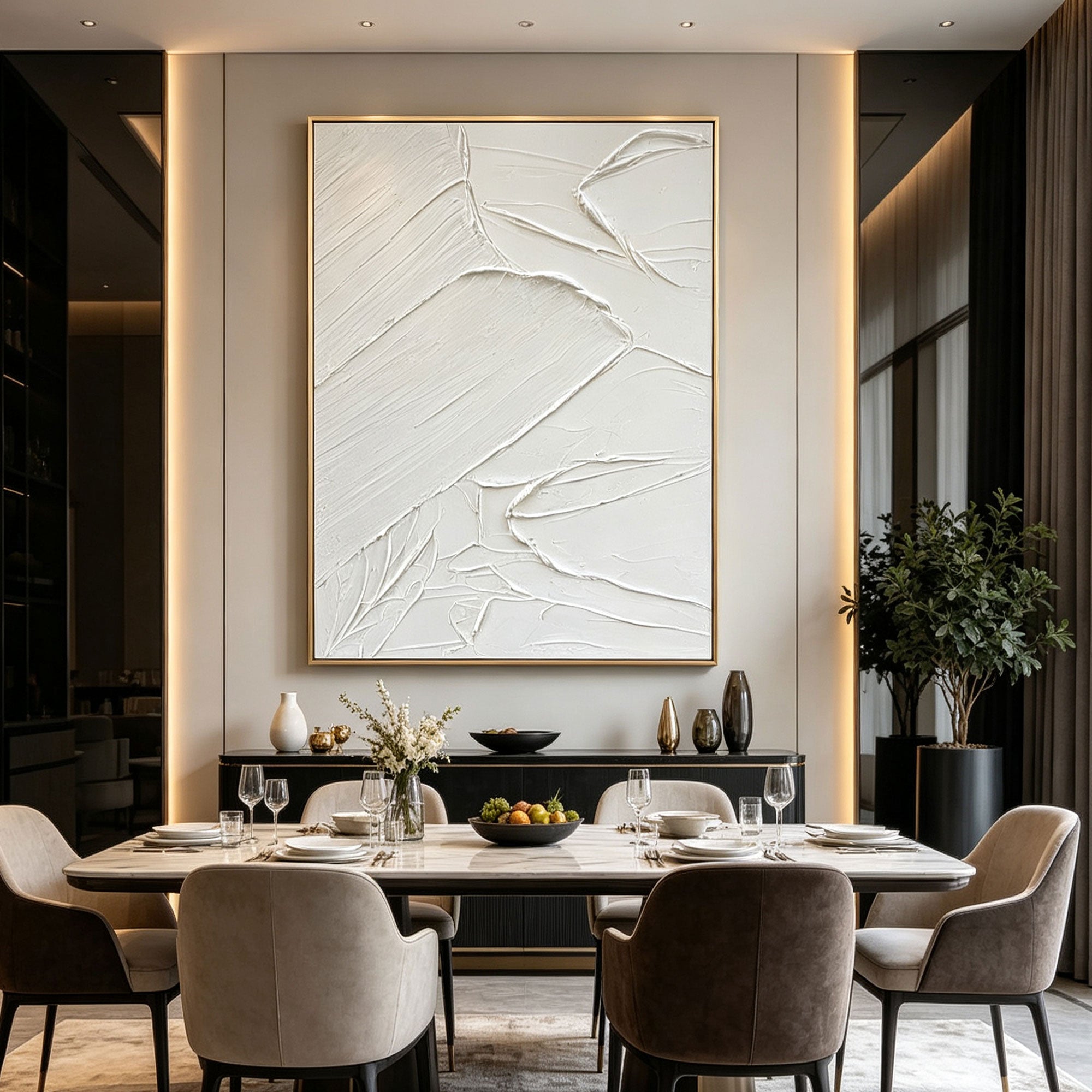 3D Textured Minimalist White Abstract Painting - White Trace