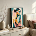 Abstract teal and coral pop art portrait canvas in black frame, chromatic geometric face wall art for bedroom