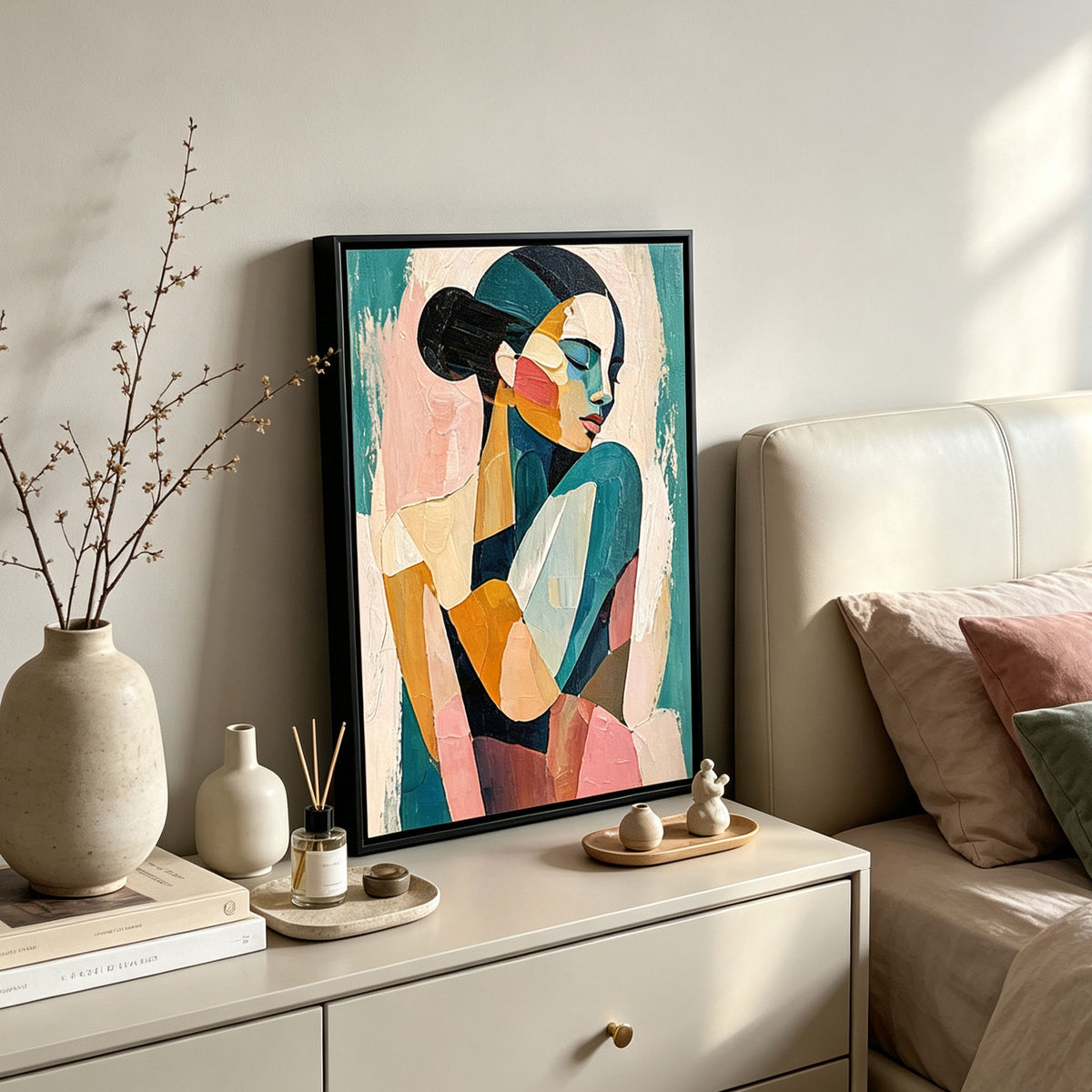 Abstract teal and coral pop art portrait canvas in black frame, chromatic geometric face wall art for bedroom