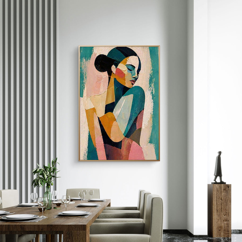 Teal pop art portrait canvas wall art by Lumi Gallery in modern dining room