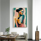 Teal pop art portrait canvas wall art by Lumi Gallery in modern dining room