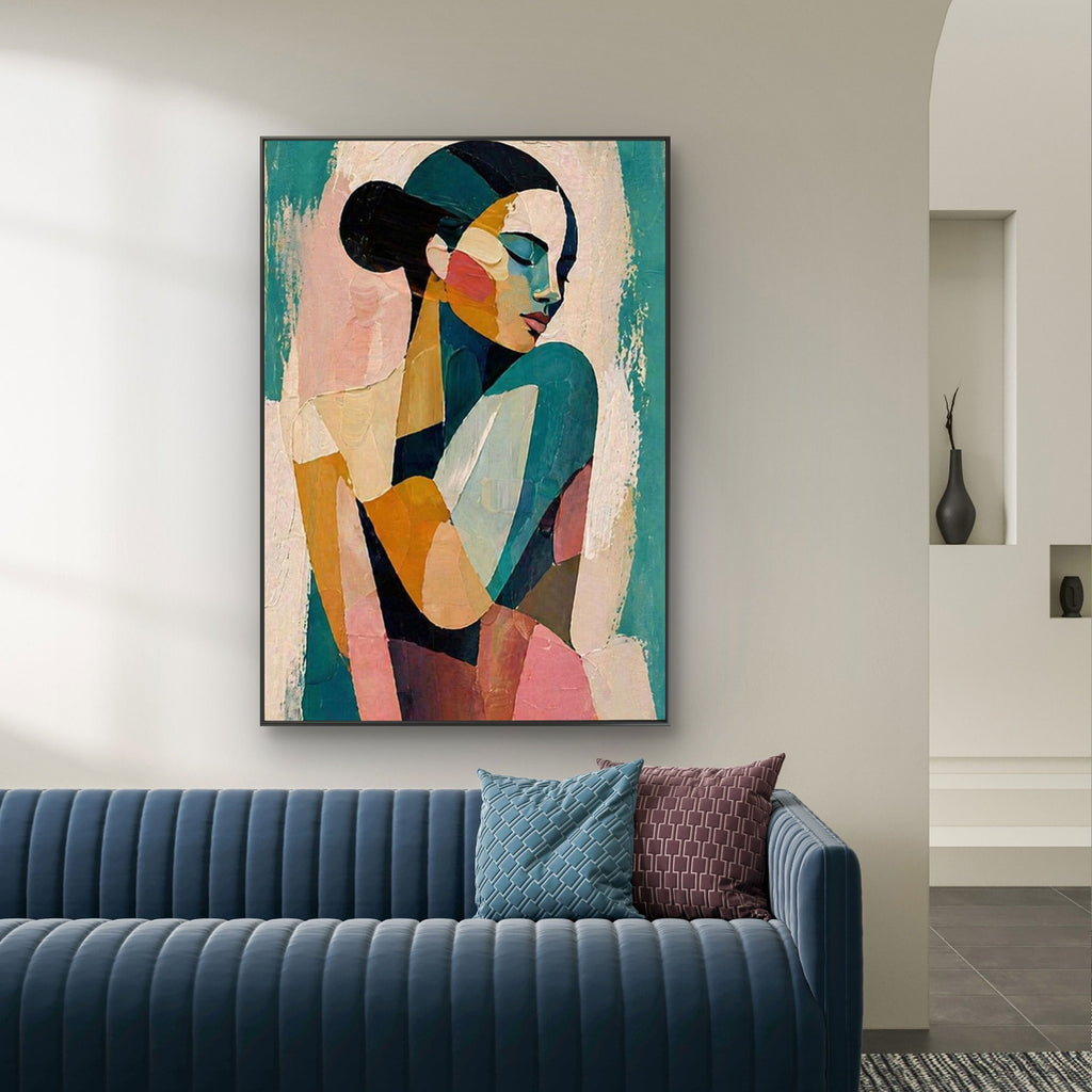 Pop art teal portrait canvas wall art by Lumi Gallery in modern living room