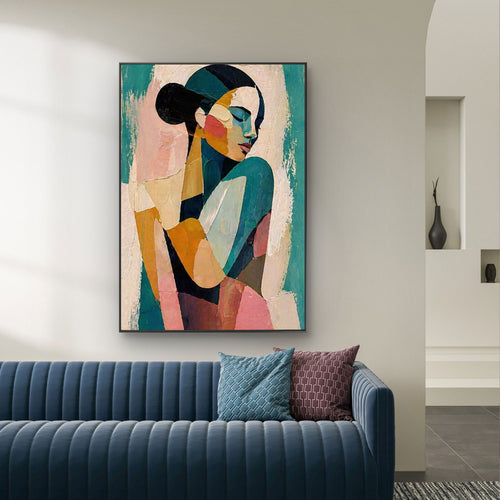Pop art teal portrait canvas wall art by Lumi Gallery in modern living room