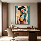 Framed teal pop art canvas portrait wall art in modern office by Lumi Gallery