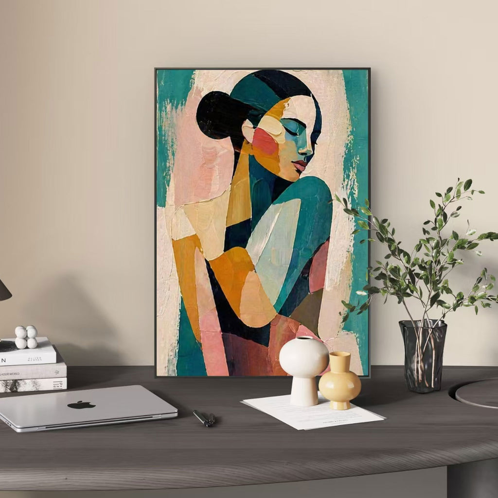 Chromatic Visage pop art teal portrait canvas - abstract woman face in geometric teal pink and mustard yellow tones